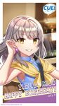  1girl armpits blue_dress blush breasts character_name collared_dress cue! dated dress earrings english_text gem grey_hair hand_in_own_hair hand_up happy_birthday highres jewelry kujo_yuzuha lips looking_at_viewer medium_breasts medium_hair necklace official_art open_mouth scarf seatbelt shirako_miso sleeveless sleeveless_dress smile solo teeth tsurime upper_body yellow_eyes yellow_scarf 