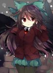  black_wings brown_hair cardigan gradient gradient_background grey_background hair_ornament hair_ribbon highres long_hair long_sleeves looking_at_viewer mikomo0106 miniskirt pantyhose red_eyes reiuji_utsuho ribbon shirt skirt sleeves_past_wrists smile snowing solo third_eye touhou vest wings 