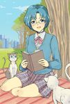  animal bangs bespectacled bishoujo_senshi_sailor_moon blue_eyes blue_hair book bow bowtie cat choker glasses looking_at_viewer mizuno_ami open_book outdoors park parted_bangs plaid plaid_skirt red_bow short_hair skirt smile solo tree tsubobot under_tree 
