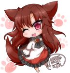  animal_ears blush brooch brown_hair chibi dress fang imaizumi_kagerou jewelry long_hair long_sleeves looking_at_viewer noai_nioshi one_eye_closed open_mouth red_eyes solo tail touhou wolf_ears wolf_tail 