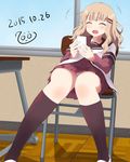  2015 7001 :d ^_^ black_legwear blonde_hair cellphone chair classroom closed_eyes collarbone dated desk dress fang hair_ornament hairclip indoors kneehighs nanamori_school_uniform oomuro_sakurako open_mouth panties pantyshot pantyshot_(sitting) phone sailor_dress school school_desk school_uniform serafuku shoes sitting slouching smartphone smile solo underwear white_panties yuru_yuri 