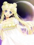  bare_shoulders bishoujo_senshi_sailor_moon blonde_hair blue_eyes double_bun dress facial_mark forehead_mark hair_ornament hairclip long_hair parted_lips princess_serenity smile solo tomomiya tsukino_usagi twintails white_dress 