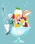  absurdres apple_slice aqua_jacket bangs black_footwear blue_background blue_hair blueberry boots bowl cape dessert food fruit gelatin haruyama_(255115) highres holding holding_spoon ice_cream in_food jacket kiwifruit long_sleeves looking_at_viewer male_focus mikleo_(tales) miniboy mint pants purple_eyes simple_background sitting smile solo spoon strawberry sugar_cube swept_bangs tales_of_(series) tales_of_zestiria white_pants 