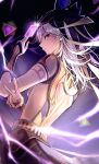 1boy ancient_egyptian_clothes animal_ears animal_hat back black_hat black_ribbon blush card closed_mouth commentary crop_top cyno_(genshin_impact) dark-skinned_male dark_skin dice electricity energy expressionless fake_animal_ears floating_hair genius_invokation_tcg genshin_impact gold_trim hair_between_eyes hand_up hat highres holding holding_card jackal_ears long_hair looking_at_viewer male_focus pponnya profile red_eyes ribbon short_sleeves shoulder_blades sideways_glance solo white_hair 