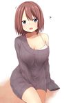  ? akky_(akimi1127) blue_eyes breasts brown_hair cleavage covering covering_crotch dress highres large_breasts off_shoulder open_mouth original ribbed_sweater short_hair sleeves_past_wrists solo sweater sweater_dress 