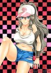  artist_name bare_legs bare_shoulders baseball_cap blue_eyes breasts brown_hair checkered checkered_background cleavage denim denim_shorts exposed_pocket hat high_ponytail large_breasts long_hair looking_at_viewer midriff pastel_(medium) pokemon pokemon_(game) pokemon_bw shirt_lift shorts sitting smile solo strap_slip takecha touko_(pokemon) traditional_media very_long_hair vest wristband 