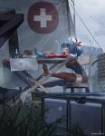  1girl absurdres bag black_bodysuit blue_gloves blue_hair bodysuit bowl braid breasts chair closed_eyes cloth cloud cloudy_sky colphne_(girls'_frontline_2) colphne_(silent_heart)_(girls'_frontline_2) container cross feet girls'_frontline girls'_frontline_2:_exilium gloves grass hair_ornament hair_ribbon hairclip hat highres medium_hair microscope no_shoes nurse_cap open_mouth outdoors pinkturnip232 red_ribbon ribbon rope sitting skindentation sky sleeveless sleeveless_bodysuit small_breasts solo squeans stretching table thighhighs toes twitter_username zettai_ryouiki 