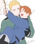  2boys absurdres ahoge arm_up axis_powers_hetalia belt black_belt black_boots black_gloves blonde_hair blue_eyes blue_jacket blue_necktie blue_pants blush boots breast_pocket carrying closed_mouth collared_jacket commentary_request fingernails flag germany_(hetalia) gloves green_jacket hair_between_eyes heart heart_ahoge highres holding holding_flag hug jacket lapels long_sleeves looking_at_viewer male_focus military_jacket military_uniform multiple_boys necktie northern_italy_(hetalia) one_eye_closed open_mouth orange_hair pants pocket princess_carry qia_li short_hair signature simple_background smile teeth tongue v-shaped_eyebrows white_background white_flag yaoi yellow_eyes 