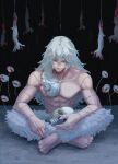  1boy alternate_form animal_ears barefoot blood blue_hair crossed_ankles dead_animal flower full_body heterochromia highres holding holding_skull indian_style jujutsu_kaisen leg_fur long_hair mahii_mahii mahito_(jujutsu_kaisen) male_focus messy_hair pectorals rabbit rabbit_ears sitting skull solo stitched_arm stitched_face stitched_wrist stitches toned toned_male white_hair 