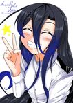  ajimu_kaede artist_name black_hair blue_hair blush closed_eyes facing_viewer female_admiral_(kantai_collection) gradient_hair grin hair_between_eyes kamitsuki_shion kantai_collection long_hair multicolored_hair smile solo star v very_long_hair 