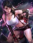  banned_artist bare_shoulders belt black_hair breasts chromatic_aberration cleavage earrings final_fantasy final_fantasy_vii gloves hand_on_hip highres jewelry large_breasts lips long_hair midriff sakimichan solo tank_top tifa_lockhart 