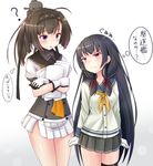  &gt;:( ? ahoge akizuki_(kantai_collection) black_gloves black_hair breast_envy breasts brown_hair corset doyachii frown gloves hachimaki hair_ornament hair_ribbon hairband headband height_difference isokaze_(kantai_collection) kantai_collection long_hair multiple_girls neckerchief object_hug papers pleated_skirt ponytail red_eyes ribbon school_uniform serafuku single_thighhigh skirt small_breasts thighhighs tress_ribbon v-shaped_eyebrows very_long_hair white_gloves 