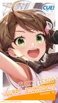  1girl :d arm_up armpits blurry blurry_background blush bow breasts brown_bow brown_hair character_name cue! dated english_text green_eyes hair_ornament hairclip happy_birthday highres jacket lips looking_at_viewer microphone official_art open_mouth orange_jacket plaid_bow shirako_miso short_hair short_sleeves small_breasts smile solo teeth tendo_yuuki upper_body upper_teeth_only v-shaped_eyebrows 
