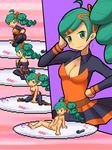  ace_trainer_(pokemon) ahoge akai_(ugokashitari) black_skirt blush breasts cleavage cleavage_cutout dark_skin fingering green_eyes green_hair hair_ribbon hand_on_hip long_hair long_sleeves looking_at_viewer masturbation medium_breasts nude pantyhose pixel_art pleated_skirt pokemon pokemon_(game) ribbon side_ponytail skirt smile solo undressing 