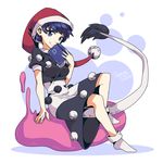  blob blue_eyes blue_hair book character_name doremy_sweet dream_soul dress hat nightcap ori_(yellow_duckling) pom_pom_(clothes) shirt short_hair skirt smile socks solo tail tapir_tail touhou white_background 