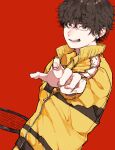  1boy absurdres black_hair blurry clenched_teeth coincoinco collared_shirt depth_of_field from_side furrowed_brow grimace highres jacket kirihara_akaya male_focus outstretched_arm pale_skin partially_unzipped pointing pointing_at_viewer racket red_background red_eyes shirt short_hair simple_background solo teeth tennis_no_ouji-sama tennis_racket track_jacket upper_body wavy_hair yellow_jacket 