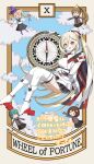  5girls black_skirt blonde_hair blue_eyes border breasts card_(medium) compass elbow_gloves english_text fairy_(kancolle) full_body gloves kantai_collection large_breasts long_hair looking_at_viewer mole mole_under_eye mole_under_mouth multicolored_ribbon multiple_girls ribbon richelieu_(kancolle) richelieu_deux_(kancolle) skirt smile tarot tarot_(medium) thighhighs translation_request wheel_of_fortune_(tarot) white_border white_gloves white_thighhighs yomogi_dango 