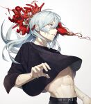  1boy abs absurdres air_(ai_r_) blue_eyes blue_hair brown_eyes eyeball flower hair_down highres jujutsu_kaisen long_hair mahito_(jujutsu_kaisen) male_focus midriff_peek navel pale_skin poppy_(flower) red_flower signature simple_background smile solo stitched_arm stitched_neck stitched_wrist stitches surreal toned toned_male white_background white_eyes 