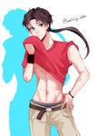  abs babii_(otnbbhs) belt bishoujo_senshi_sailor_moon black_hair blue_eyes cowboy_shot genderswap genderswap_(ftm) highres long_hair looking_at_viewer low_ponytail male_focus pants red_shirt seiya_kou shadow shirt shirt_pull simple_background sleeveless sleeveless_shirt solo sweat twitter_username white_background 