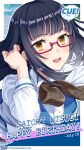  1girl black_hair blue_jacket bow breasts brown_bow brown_eyes character_name collared_shirt cue! dated english_text glasses hand_in_own_hair hand_up happy_birthday highres jacket lips long_sleeves looking_at_viewer medium_breasts official_art open_mouth plaid_bow rectangular_eyewear red-framed_eyewear semi-rimless_eyewear shirako_miso shirt smile solo teeth under-rim_eyewear upper_body upper_teeth_only utsugi_satori white_shirt 