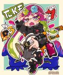  1girl artist_name black_jacket black_pants black_shoes blue_background blush_stickers border braid commentary_request eyewear_on_head fang full_body green_hair holding holding_weapon inkling inkling_girl inkling_player_character jacket long_hair long_sleeves looking_at_viewer multicolored_hair notamaru_2 open_mouth outline outside_border pants pointy_ears purple_eyes purple_hair shoes simple_background sneakers solo splatoon_(series) sploosh-o-matic_(splatoon) standing sweat weapon white_outline yellow_border 