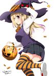  :q artist_name blonde_hair breasts brown_eyes candy food halloween hat highres jack-o'-lantern large_breasts long_hair original pumpkin ragho_no_erika school_uniform signature skirt smile solo striped striped_legwear sweater_vest thighhighs tongue tongue_out witch_hat 