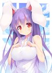 animal_ears blush breasts bunny_ears highres impossible_clothes impossible_shirt ken123456 large_breasts long_hair looking_at_viewer purple_hair red_eyes reisen_udongein_inaba shirt sleeveless sleeveless_shirt smile solo touhou upper_body 