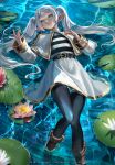  1girl belt black_belt black_pantyhose capelet closed_mouth earrings elf emerald-weapon flower frieren green_eyes grey_hair highres jewelry lily_pad long_hair lying on_back pantyhose pointy_ears shirt skirt solo sousou_no_frieren striped_clothes striped_shirt twintails water water_lily_flower web_address white_capelet white_skirt 