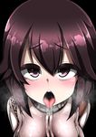  absurdres aki_yuuto black_hair brown_eyes brown_hair chestnut_mouth drooling hair_between_eyes hayasui_(kantai_collection) highres jacket kantai_collection looking_at_viewer open_mouth purple_eyes saliva short_hair solo sweat track_jacket 