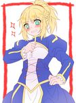  1girl ahoge artoria_pendragon_(all) blonde_hair blue_dress cosplay dress fate/apocrypha fate/stay_night fate_(series) green_eyes ha84no hair_up highres mordred_(fate) mordred_(fate)_(all) ponytail saber saber_(cosplay) solo 