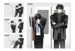  ... bag black_coat black_hair black_shirt blue_necktie chinese_text coat crossed_arms embarrassed head_down highres holding holding_pole kim_dokja leaning_on_person motion_lines necktie omniscient_reader&#039;s_viewpoint pinned pole popped_collar progression senbe81 shirt short_hair shoulder_bag spoken_ellipsis standing train_interior translation_request white_shirt yoo_joonghyuk 