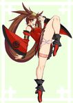  anklet ass blush breasts brown_eyes brown_hair covered_nipples detached_sleeves dr.p dress full_body guilty_gear guilty_gear_xrd hair_ornament hair_rings impossible_clothes impossible_dress jewelry kuradoberi_jam long_hair medium_breasts panties pantyshot pink_panties sideways_mouth smile solo standing standing_on_one_leg thigh_strap underwear very_long_hair wide_sleeves 