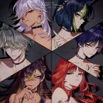  2girls 4boys alhaitham_(genshin_impact) animal_ear_fluff animal_ears bare_shoulders bead_necklace beads black_choker black_hair blonde_hair blue_eyes blunt_bangs blunt_ends braid bright_pupils choker closed_mouth collarbone crossed_bangs curled_fingers cyno_(genshin_impact) dark-skinned_female dark-skinned_male dark_skin dehya_(genshin_impact) drop_shadow earrings eyeliner eyeshadow fox_ears genshin_impact gold green_eyes green_hair grey_background grey_hair hair_between_eyes hair_over_one_eye hair_pulled_back half_up_braid hand_up highres index_finger_raised jewelry long_hair looking_at_viewer lower_eyelashes_only makeup multicolored_hair multiple_boys multiple_girls necklace nilou_(genshin_impact) ojo_aa orange_eyes parted_lips pink_lips purple_choker purple_eyes purple_hair red_eyeliner red_eyeshadow red_hair red_nails red_pupils scaramouche_(genshin_impact) sidelocks smile streaked_hair swept_bangs tighnari_(genshin_impact) tsurime twitter_username watermark white_hair white_mouth white_pupils wispy_bangs 