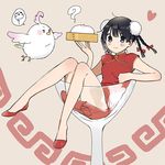  alternate_hairstyle bamboo_steamer baozi bird black_hair blue_eyes braid bun_cover china_dress chinese_clothes cup dera_mochimazzui double_bun dress drinking_glass food goblet hair_bun kitashirakawa_tamako momose_(oqo) no_socks oversized_object short_hair tamako_market wine_glass 