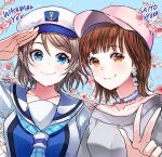  2girls anchor_symbol artist_name baseball_cap blue_eyes blue_neckwear brown_eyes brown_hair character_name cherry_blossoms earrings floral_print grey_hair grey_shirt hat hyugo jewelry love_live! love_live!_sunshine!! multiple_girls neckerchief off-shoulder_shirt pink_hat plaid_neckwear sailor_collar saitou_shuka salute seiyuu seiyuu_connection shirt short_hair smile upper_body w watanabe_you 