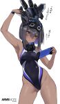  1girl arms_note black_one-piece_swimsuit blue_one-piece_swimsuit breasts cat_mask commentary competition_swimsuit copyright_name dark-skinned_female dark_skin fukai_ryosuke grey_hair handheld_game_console headphones headphones_around_neck highres holding holding_handheld_game_console looking_at_viewer mask mask_on_head multicolored_one-piece_swimsuit one-piece_swimsuit robot short_hair simple_background sleep_mask solo swimming_club_gamer-chan_(fukai_ryosuke) swimsuit white_background 