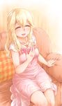 absurdres blonde_hair blush clarice_(idolmaster) closed_eyes commentary_request couch dress hand_on_own_chest highres idolmaster idolmaster_cinderella_girls jewelry long_hair necklace open_mouth pink_dress sitting smile solo thighs tobatoinu 