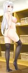  anna_(sennen_sensou_aigis) ass basket blush bra bra_removed breasts changing_room full_body large_breasts long_hair nanashi_m nipples nude red_eyes sennen_sensou_aigis solo standing thighhighs underwear white_bra white_hair 