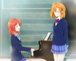  arms_behind_back bad_id bad_twitter_id blazer closed_eyes indoors instrument jacket kousaka_honoka light_particles light_rays love_live! love_live!_school_idol_project multiple_girls music nishikino_maki open_mouth orange_hair otonokizaka_school_uniform piano playing_instrument playing_piano red_hair school_uniform shiina_kuro singing smile 