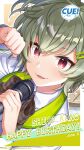  1girl bow breasts character_name clenched_hand collared_shirt crossed_bangs cue! dated english_text green_hair green_hair_ornament green_jacket hair_between_eyes hair_ornament hairclip highres holding holding_microphone jacket kano_shiho lips long_sleeves looking_at_viewer microphone official_art open_mouth parted_lips paw_pose red_eyes shirako_miso shirt short_hair smile solo tsurime upper_body white_shirt 