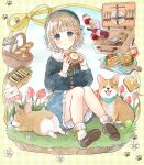  1girl :t animal apple baby_animal bacon bag baguette ball basket beret blonde_hair blue_eyes blue_hat blue_ribbon blue_scarf blue_shirt blue_skirt blunt_bangs blush bone_hair_ornament bottle bouquet bow_legwear braid bread bread_bun bread_slice brown_shoes burger buttons closed_mouth commentary_request cutting_board dog dot_nose envelope flower flower_button flower_wreath food food_in_mouth fork fried_egg fried_egg_on_toast fruit full_body gingham_background grape_juice hair_ornament hair_ribbon hat hat_ribbon highres holding holding_food jam jar juice knees_together_feet_apart knees_up knife long_sleeves looking_at_viewer miniskirt on_grass orange_ribbon original outdoors paper_bag paw_hair_ornament paw_print paw_print_pattern pawpads petticoat picnic_basket plate puffy_long_sleeves puffy_sleeves puppy red_flower red_tulip ribbon ribbon_border sandwich scarf shirt shoes short_hair side_braid single_braid sitting skirt sleeping_animal smile socks solo spoon tennis_ball tententuyu toast tongue tongue_out tulip wavy_hair welsh_corgi white_flower white_socks wine_bottle yellow_background yellow_flower yellow_ribbon 