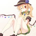  ;) adapted_costume bad_id bad_pixiv_id blonde_hair closed_mouth cosplay flandre_scarlet full_body fuuen_(akagaminanoka) hair_ornament hairclip hat hat_ribbon knees_up komeiji_koishi komeiji_koishi_(cosplay) looking_at_viewer one_eye_closed panties pantyshot pantyshot_(sitting) pointy_ears red_eyes ribbon shirt short_sleeves shorts side_ponytail sitting smile solo third_eye touhou underwear upshorts white_panties wings 