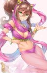  arabian_clothes bracelet breasts brown_hair cleavage genie green_eyes highres jewelry large_breasts long_hair looking_at_viewer naso4 navel oil_lamp original pointy_ears ponytail simple_background smile solo 