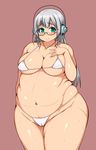  absurdres belly bikini blue_eyes blush breasts eyebrows fat fat_folds gigantic_breasts hand_on_own_chest headphones highres long_hair looking_at_viewer micro_bikini navel nitroplus silver_hair smile solo super_taruco sweat swimsuit tensai427 thick_eyebrows thick_thighs thighs white_bikini wide_hips 