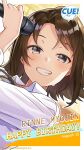  1girl arm_up blurry blurry_background blush breasts brown_hair character_name collared_shirt cue! dated english_text flipped_hair grey_eyes half-closed_eyes happy_birthday highres holding holding_microphone long_sleeves looking_at_viewer medium_hair microphone myojin_rinne official_art open_mouth shirako_miso shirt sidelocks sleeves_rolled_up smile solo sweat teeth upper_body white_shirt 