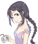  black_eyes black_hair braid breasts cleavage controller game_controller hair_ornament hairclip idolmaster idolmaster_cinderella_girls long_hair miyoshi_sana niku-name small_breasts solo strap_slip super_famicom_gamepad tank_top twin_braids upper_body 