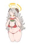  1girl absurdres bikini blue_archive blush breasts curled_horns food fruit halo hat highres horns izumi_(blue_archive) izumi_(swimsuit)_(blue_archive) large_breasts liuzhengyang777 long_hair looking_at_viewer official_alternate_costume open_mouth red_bikini scrunchie straw_hat swimsuit watermelon watermelon_seeds wrist_scrunchie 