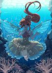  :d air_bubble algae alternate_hair_color blue_eyes bow brown_hair bubble commentary_request coral daiyousei dress fairy fairy_wings fish frilled_dress frills hair_bow kaito_(kaixm) long_hair open_mouth partial_commentary shell smile solo submerged touhou underwater water wings 