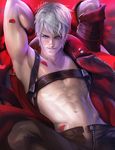  armpits arms_behind_head banned_artist blue_eyes coat dante_(devil_may_cry) devil_may_cry highres looking_at_viewer male_focus navel open_clothes open_coat petals red red_coat sakimichan single_bare_shoulder smile solo unzipped upper_body 