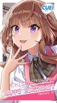  akagawa_chisa blunt_bangs blush bow bowtie breasts brown_bow brown_hair character_name collared_shirt company_name copyright_name cue! dated hand_up happy_birthday highres jacket lips long_hair looking_at_viewer open_hand open_mouth pink_jacket plaid_bow purple_eyes shirako_miso shirt short_sleeves sidelocks smile spread_fingers tsurime upper_body white_shirt 